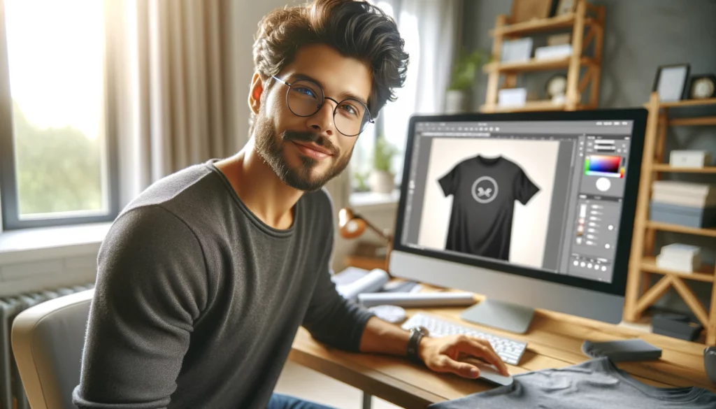 A stylish male e-commerce store owner of mixed descent in his home office, looking directly at the camera with a content and satisfied expression. He is designing t-shirts using an AI similar to ChatGPT on his computer. The focus is on the computer screen, which is prominently displayed showing the t-shirt design. The room is cozy and well-decorated, embodying a personal blogging space with a soft glow of natural light in the background. The image should be photorealistic with clean lines and an airy atmosphere, emulating a shot taken with a Canon EOS 5D Mark IV and a 50mm lens, slightly overexposed to capture a bright and sunny afternoon feel.