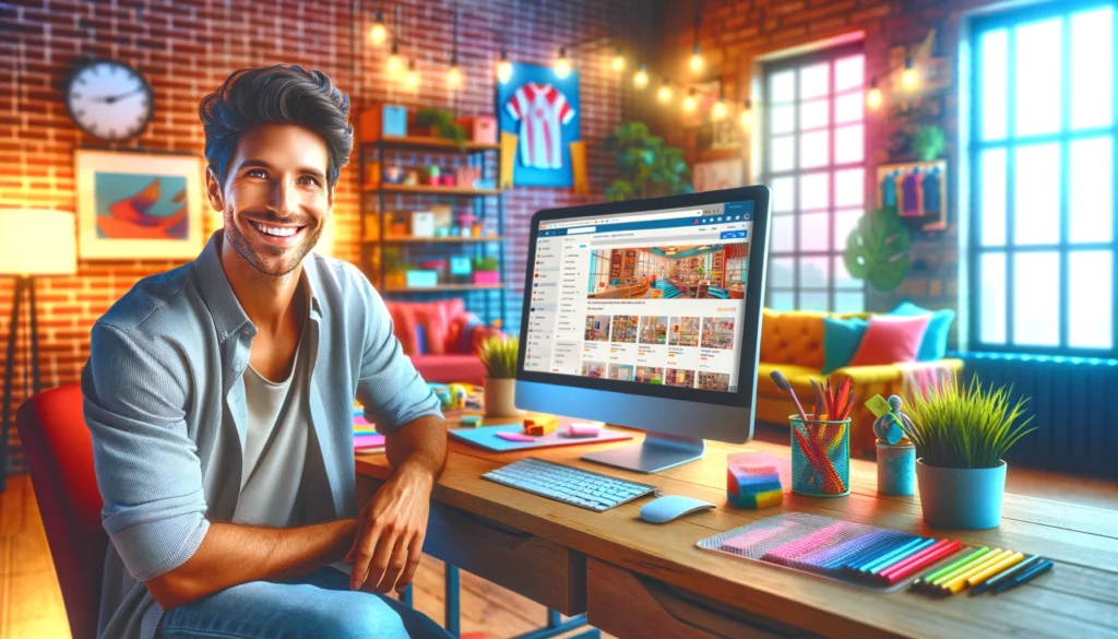A photorealistic image of a young, casually dressed man in a vibrant and fun home office, working on a desktop computer with an online store displayed on the screen. He is smiling at the camera, exuding a sense of enjoyment and enthusiasm in his work. The office is colorfully decorated with lively decor and warm lighting, creating a playful and energetic atmosphere. The online store on the computer screen adds to the dynamic setting, showcasing his passion for e-commerce. This image should resemble a high-quality photograph captured with a Canon EOS 5D Mark IV camera and a Canon EF 50mm f/1.4 USM lens.