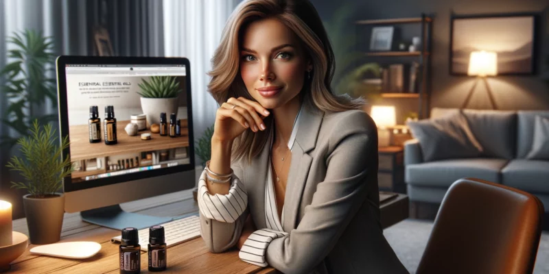 A photorealistic image of a woman in her home office, selling doTERRA essential oils, with her hands tactfully hidden from view. She is dressed in casual business attire, exuding a relaxed but professional air. Her expression is one of confidence and enthusiasm as she looks directly at the camera. The office is inviting and personal, with cozy decorations. On her desktop computer screen, a website showcases essential oil products, symbolizing her active role in direct sales. The image is captured with the quality of a Canon EOS 5D Mark IV camera and a Canon EF 50mm f/1.4 USM lens.