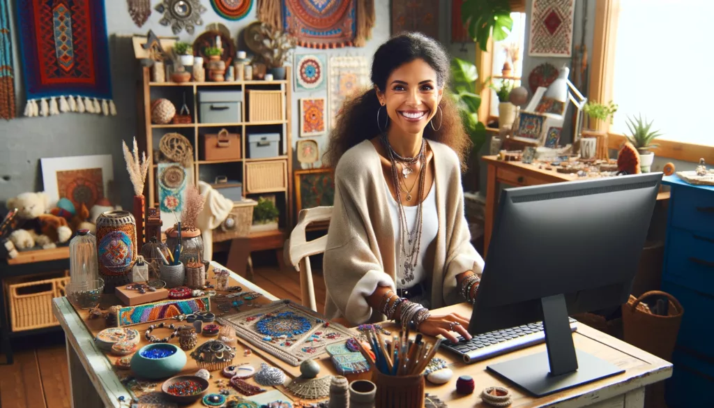 A delighted female entrepreneur of mixed descent is diligently working at her computer in a home office, surrounded by a diverse collection of crafts. The office is charmingly decorated with various handmade items, including intricate beadwork, hand-woven tapestries, colorful ceramic tiles, and artistic metalwork, reflecting her passion for unique artistry. She's wearing a fashionable yet comfortable outfit, with a bright and happy expression. The room is illuminated with gentle, natural light, adding to the warmth and charm of the space. Her desk showcases a range of products from her Etsy store, like custom jewelry, vibrant paintings, and handcrafted home goods, highlighting the eclectic nature of her online shop.
