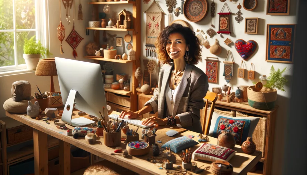 A female entrepreneur of mixed descent is happily working at her computer in a home office brimming with an eclectic mix of crafts. The office is adorned with a diverse array of handmade items such as embroidered pillows, glass art, rustic wooden ornaments, and handmade pottery, showcasing her love for diverse art forms. She's wearing a stylish yet comfortable outfit, with a joyful expression on her face. The office is bathed in warm, natural light, which emphasizes the vivid colors and unique textures of the crafts. Her desk is beautifully arranged with various items from her Etsy store, including handmade jewelry, artistic prints, and bespoke home decor, illustrating the variety and creativity of her online business.