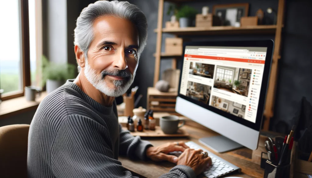 An older male Etsy store owner with brown eyes, of mixed descent, working from his home office on his computer, with the screen visible. He is deeply engaged in managing his online store, showing a wise and content expression, indicative of his experience and success as an Etsy entrepreneur. The home office is modern and stylish, combining contemporary design with personal, creative elements. The image should be photorealistic, resembling a photograph taken with a Canon EOS 5D Mark IV and a 50mm lens, slightly overexposed to create a bright, airy atmosphere with natural light.