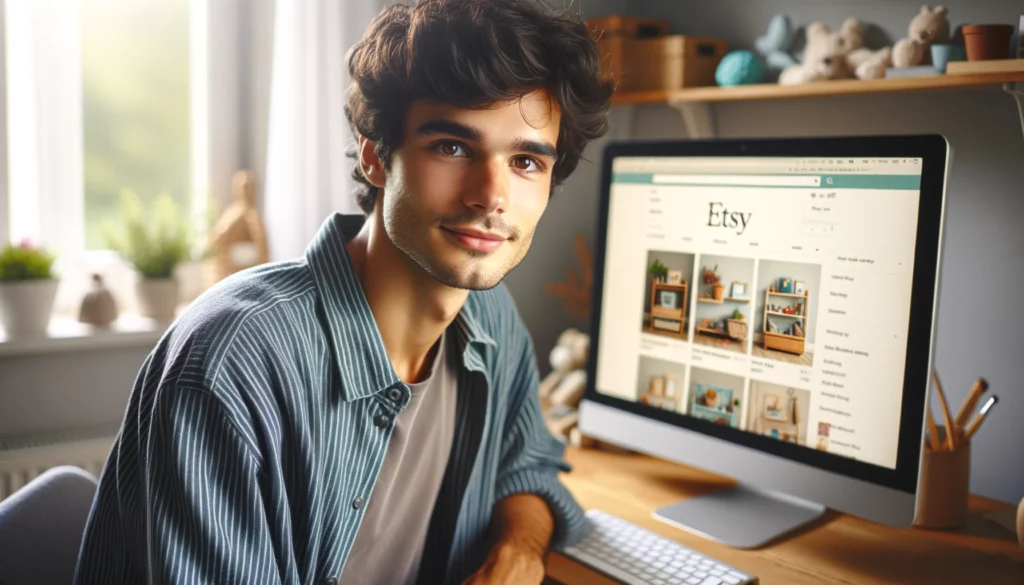 A young male Etsy store owner with brown eyes, of mixed descent, working in his home office. He is sitting at his computer, with the screen clearly showing his online store. His expression is calm and content, conveying a sense of steady focus and satisfaction in his work. The home office is modern and subtly stylish, with minimal colorful decorations, creating a serene and professional atmosphere. The image should be photorealistic, resembling a photograph taken with a Canon EOS 5D Mark IV and a 50mm lens, slightly overexposed for a bright but gentle look with natural light softly illuminating the room.