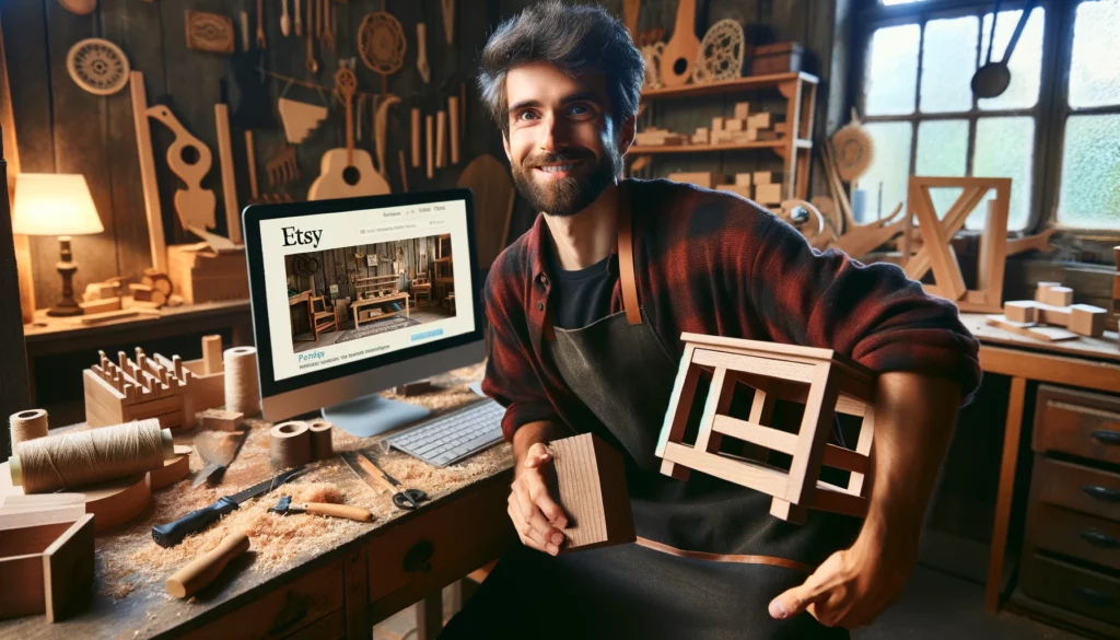 A male Etsy store owner of Caucasian descent is working in his home workshop, creating wooden furniture. The image should capture a more human and relatable aspect of his craft. He looks up from his work, smiling and holding a piece of handcrafted wooden furniture, showing pride and joy in his work. The workshop is rustic and full of character, with woodworking tools and shavings around, giving a lived-in feel. The background includes a computer displaying his Etsy store with various wooden furniture items, adding context to his online business. The scene should be photorealistic, emphasizing the warmth and authenticity of a craftsman's life.