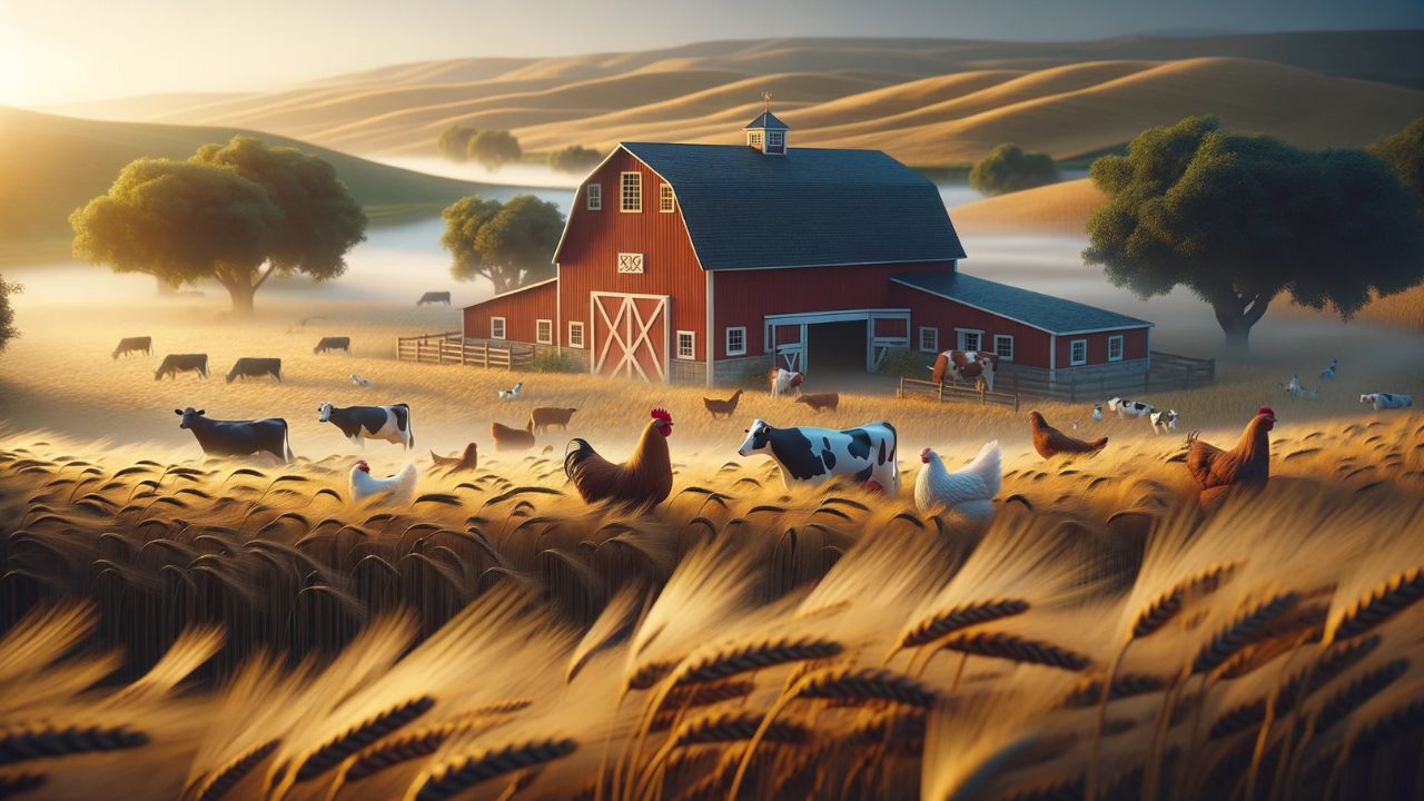 Realistic photograph of a sprawling farm named 'Frostbite Acres'. The scene showcases golden wheat fields rustling in the wind, with cows and chickens casually roaming. A dominant red barn with white edges stands as a central point of interest. The ambiance is that of a calm early morning, with the warm light of sunrise casting a golden tone over everything. This looks like a shot from a Canon EOS 5D Mark IV using a Canon EF 24-70mm f/2.8L II USM lens.