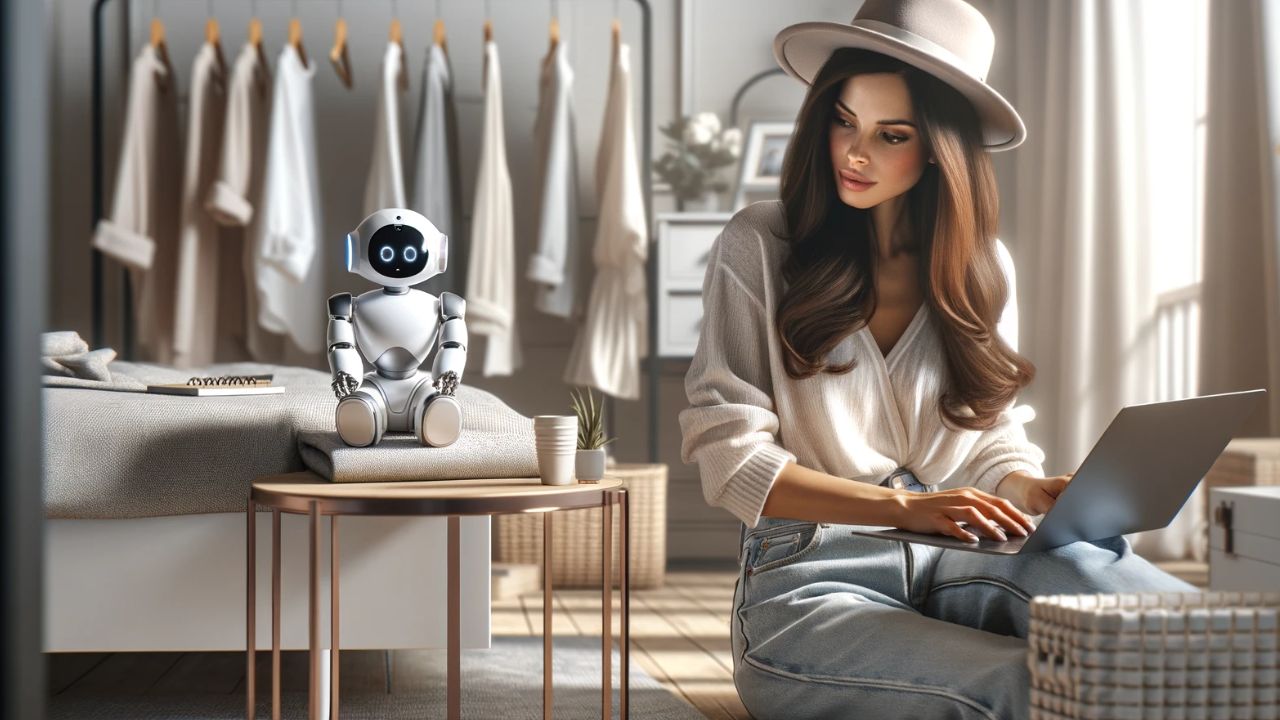 A photorealistic image of a stylish female blogger of Hispanic descent, wearing casual chic clothing, typing on her laptop. Next to her is a small, modern-designed robot assistant, interacting with her as she works. They are in a chic bedroom with a well-organized clothing rack in the background. The room is filled with natural light that suggests a sunny afternoon ambiance. There should be clean lines, and a soft, overexposed look to mimic the effect of a DSLR Canon EOS 5D Mark IV with a 50mm lens photography, capturing sharp details on the subject with a soft background.