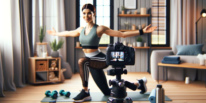 A photorealistic image of a female fitness blogger at home, creating a YouTube video. She's in a home gym setting, surrounded by fitness equipment like dumbbells and a yoga mat. Dressed in athletic wear, she demonstrates a yoga pose, looking towards the camera with an encouraging and energetic expression. The camera on a tripod is visible, capturing her fitness routine for her audience. The scene conveys a sense of health, vitality, and motivation. The image is captured with the clarity of a Canon EOS 5D Mark IV camera and a Canon EF 50mm f/1.4 USM lens.