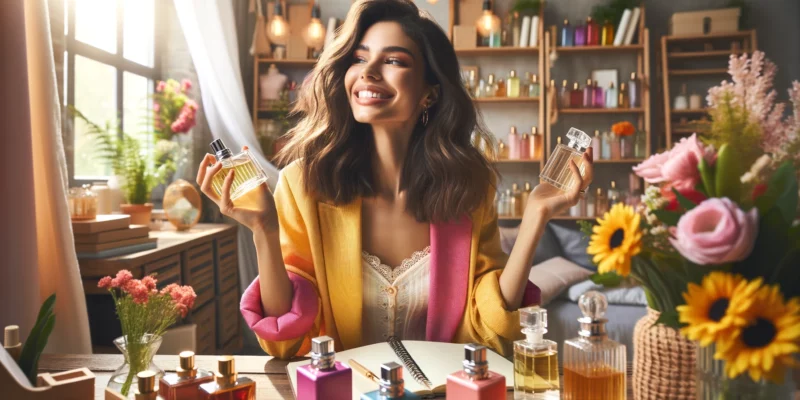 A cheerful female fragrance tester of Hispanic descent in her cozy home studio, holding several perfume bottles in her hands. She's dressed in a bright, playful outfit, reflecting her joyful personality. The studio is bathed in soft, natural light, accentuating the various colorful perfume bottles on her desk and shelves. Her expression is one of happiness and curiosity as she examines the bottles, choosing which fragrance to test next. The room is decorated with vibrant flowers and aromatic plants, creating a pleasant and sensory-rich environment. The scene conveys her passion for exploring and testing a wide range of fragrances, with a notebook open for recording her thoughts and discoveries.