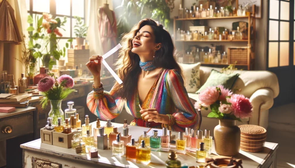 A spirited female fragrance tester of South Asian descent in her bright and airy home studio, enthusiastically testing various perfumes. She's wearing a lively, colorful outfit, echoing her vibrant and curious nature. The studio is flooded with sunlight, casting a warm glow over the numerous perfume bottles arrayed on the shelves and her workspace. She is joyfully sniffing a fragrance strip, her expression full of delight and curiosity. The room features fresh bouquets and green plants, enhancing the olfactory ambiance. The scene portrays her love for exploring the world of scents, with a notebook and pen on the desk to jot down her impressions and discoveries.
