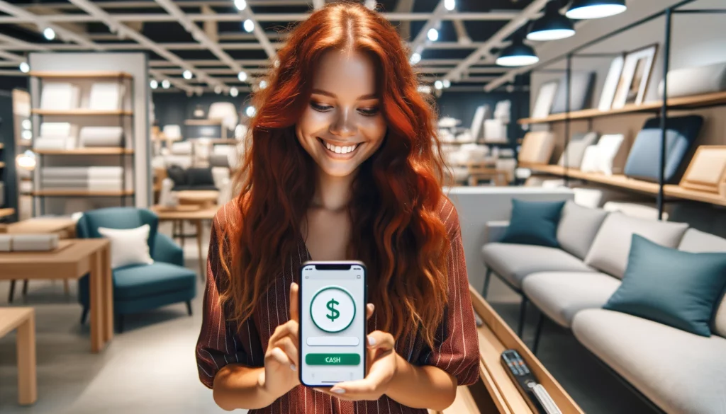 A content young South African woman with red hair is shopping in a furniture store, holding a smartphone that displays a cash app interface with a large dollar sign. She's immersed in the shopping experience, with shelves of modern furniture surrounding her. The lighting of the store is bright and welcoming, highlighting the sleek designs of the furniture and the joyful shopping experience.