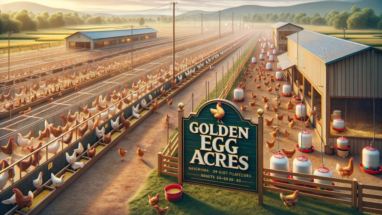 Realistic photograph of a poultry-focused farm called 'Golden Egg Acres'. Rows of chicken pens can be seen, each bustling with activity as chickens cluck and move around. There are feeding stations and water troughs set up for them. A sign at the entrance of the farm proudly reads 'Golden Egg Acres', and the backdrop has a serene landscape of rolling hills and a few scattered trees.