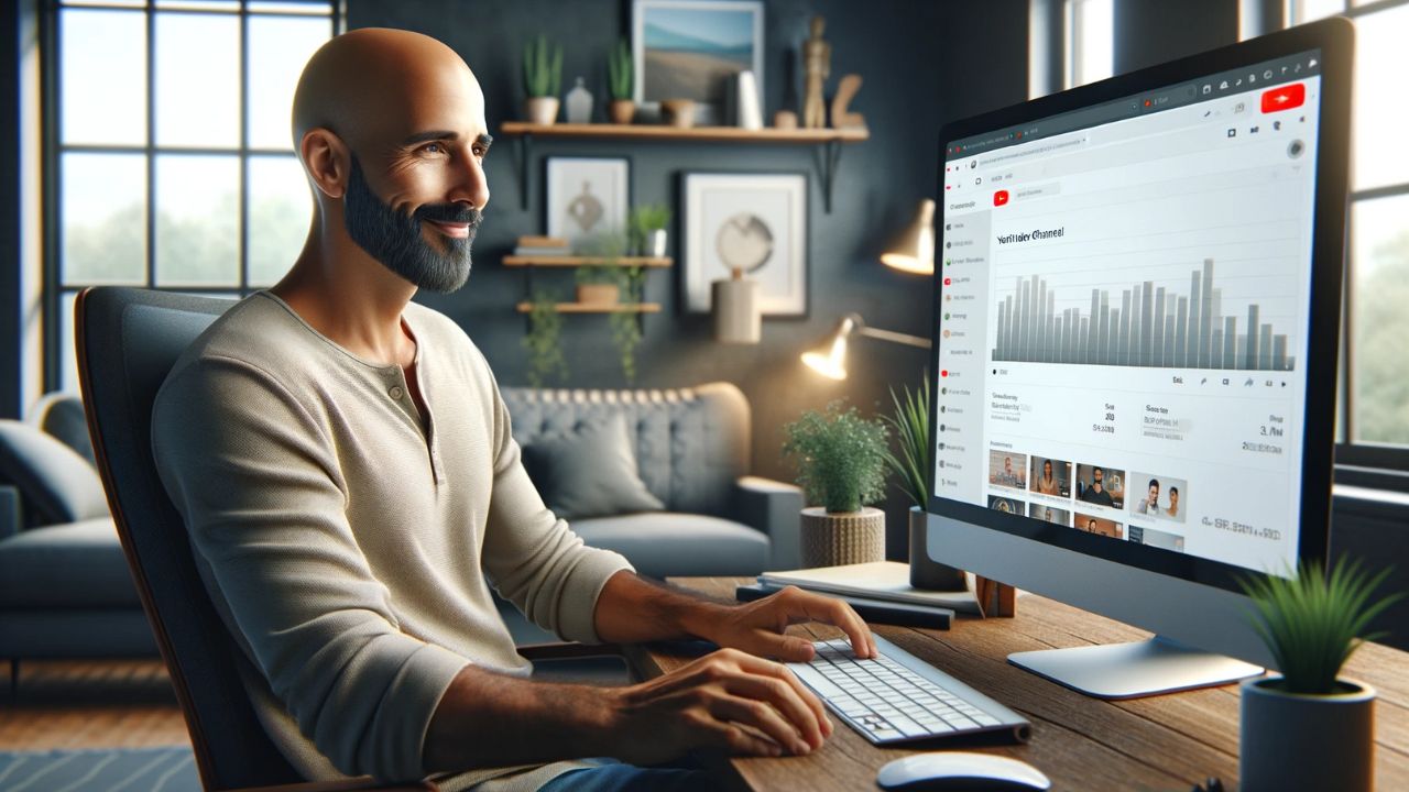 A photorealistic image of a content, bald Hispanic man casually dressed, sitting at his home office desk, managing his YouTube channel on a computer. The computer screen displays a generic video management dashboard with abstract graphics for video thumbnails, view count charts, and subscriber numbers, avoiding specific text or platform branding. The man appears focused and satisfied with his work, in an office setting with natural lighting, comfortable furniture, and decorative elements that create a personal and creative space.