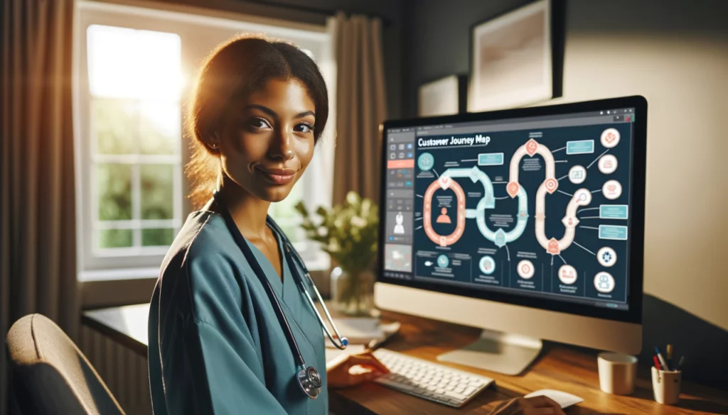 A female healthcare worker of mixed descent is looking directly at the camera, working on a customer journey map on a large screen computer in her home office. The office is a fusion of personal comfort and professional functionality, designed for a warm and efficient work environment. She is dressed in healthcare attire, with a friendly and confident expression. The room is illuminated with soft, natural light, creating a welcoming and serene atmosphere. The large computer screen prominently features a detailed customer journey map, showcasing her commitment to enhancing the patient experience in her healthcare business. The map is visually compelling, with clear stages of patient interaction and colorful, easy-to-understand graphics.