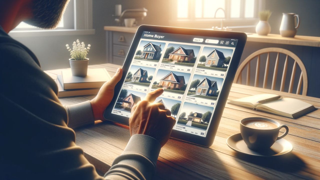 Digital illustration of a potential home buyer browsing a real estate website on a tablet, with visible thumbnails of homes for sale on the screen. The individual is sitting at a kitchen table with a cup of coffee, embodying the casual yet focused process of online house hunting. The environment suggests early morning, with soft sunlight filtering through a nearby window, highlighting the modern technology and the active search.