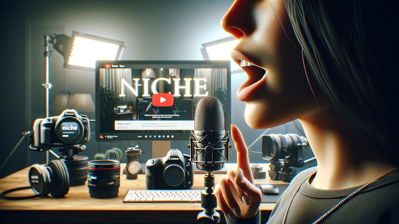 A photorealistic image of a woman speaking the word "niche" as she sets up her YouTube channel. The woman's mouth is captured in the act of enunciation, indicating the spoken word without displaying any text. She's positioned in front of her computer with the YouTube channel creation page visible on the screen, surrounded by her professional studio equipment like cameras, lights, and microphone. The studio is a hive of creative energy, and the image should encapsulate a moment frozen in time, with the woman's expression and posture conveying her engagement and eloquence. 