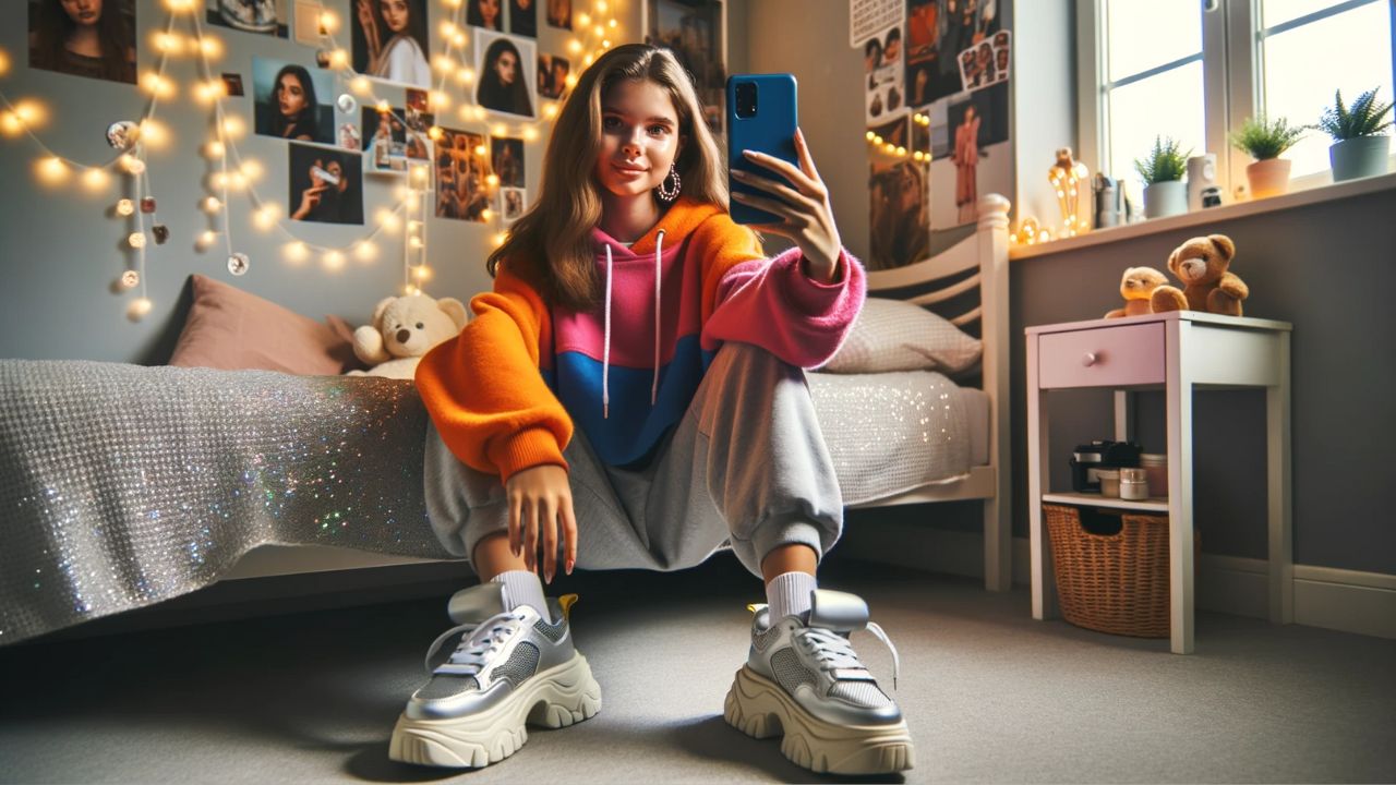 Photo capturing a teenager in her room, exuding confidence in her trendy attire that includes a bright oversized hoodie and stylish chunky shoes. With her smartphone extended, she's filming a video clip for her online audience. Her bedroom, decorated with shimmering fairy lights and assorted posters, feels cozy and youthful. The imagery mimics a shot from a Canon EOS R6 camera, with a Canon RF 50mm F1.2 L lens, adjusted to f/1.8, ISO 100, and 1/250s.