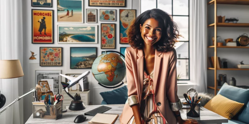 A joyful female travel agent of mixed descent is working in her home office, which is adorned with a playful yet elegant travel theme. She is wearing a cheerful, stylish outfit and has a radiant smile. The office features a balance of fun and sophistication, with tasteful travel decor like a vintage-style globe, artistic travel posters, and a sleek model airplane. The color palette is a mix of bright and pastel tones, creating an atmosphere that is both lively and refined. Her desk is neatly organized, reflecting her enthusiastic yet professional approach to her work in travel planning.