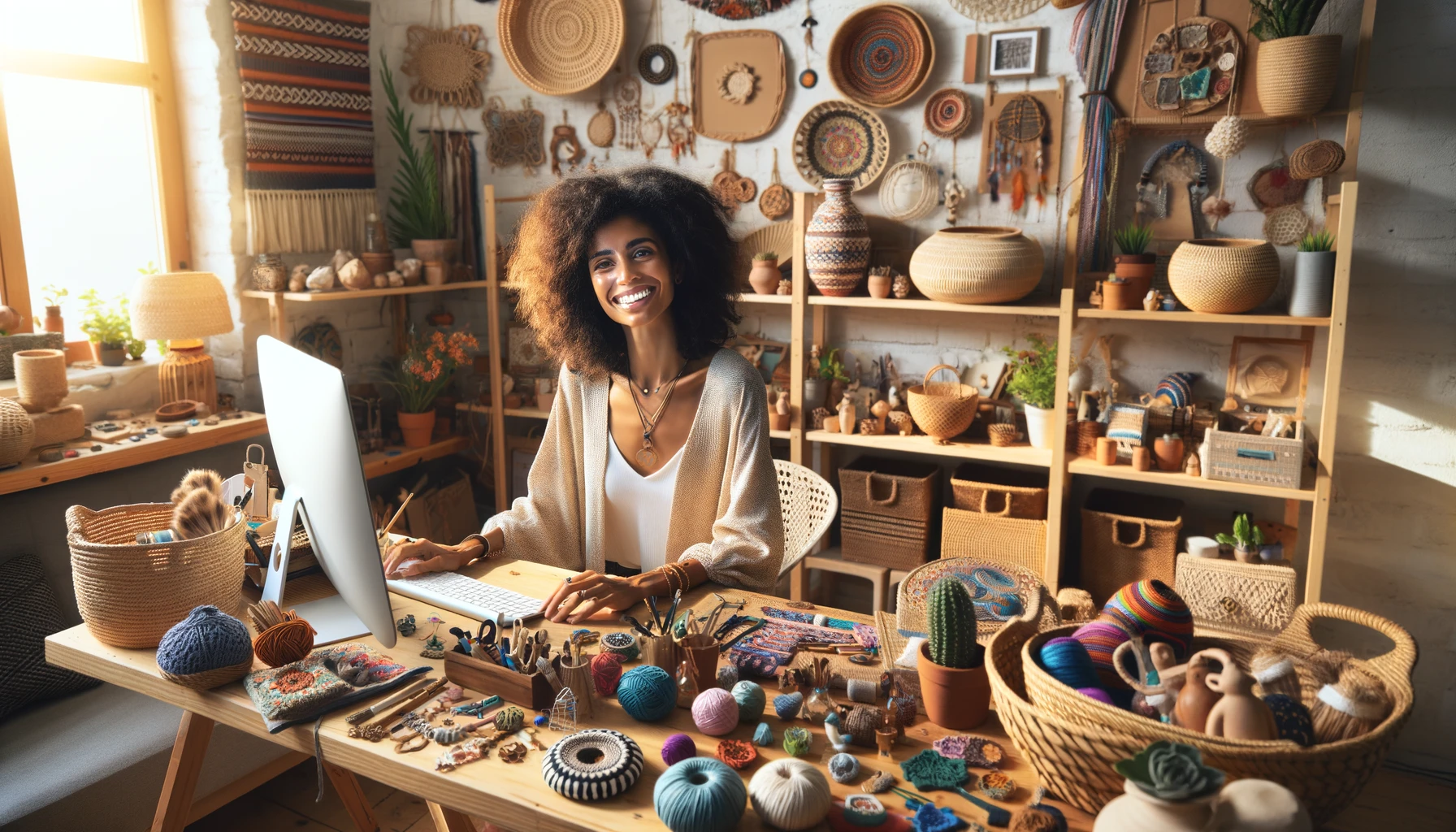 A joyful female entrepreneur of mixed descent is working on her Etsy store at her computer in a craft-rich home office. The office is densely decorated with an abundance of handmade crafts, such as woven baskets, ceramic vases, colorful textiles, and small sculptures, emphasizing the artisanal nature of her business. She's wearing a comfortable yet trendy outfit, with a beaming smile, surrounded by a vibrant and inspiring craft environment. Natural light floods the room, highlighting the intricate details of the crafts. Her desk is a showcase of creativity, with various handcrafted items like unique jewelry pieces, custom art prints, and handmade home decor, representing the eclectic and artistic offerings of her Etsy store.