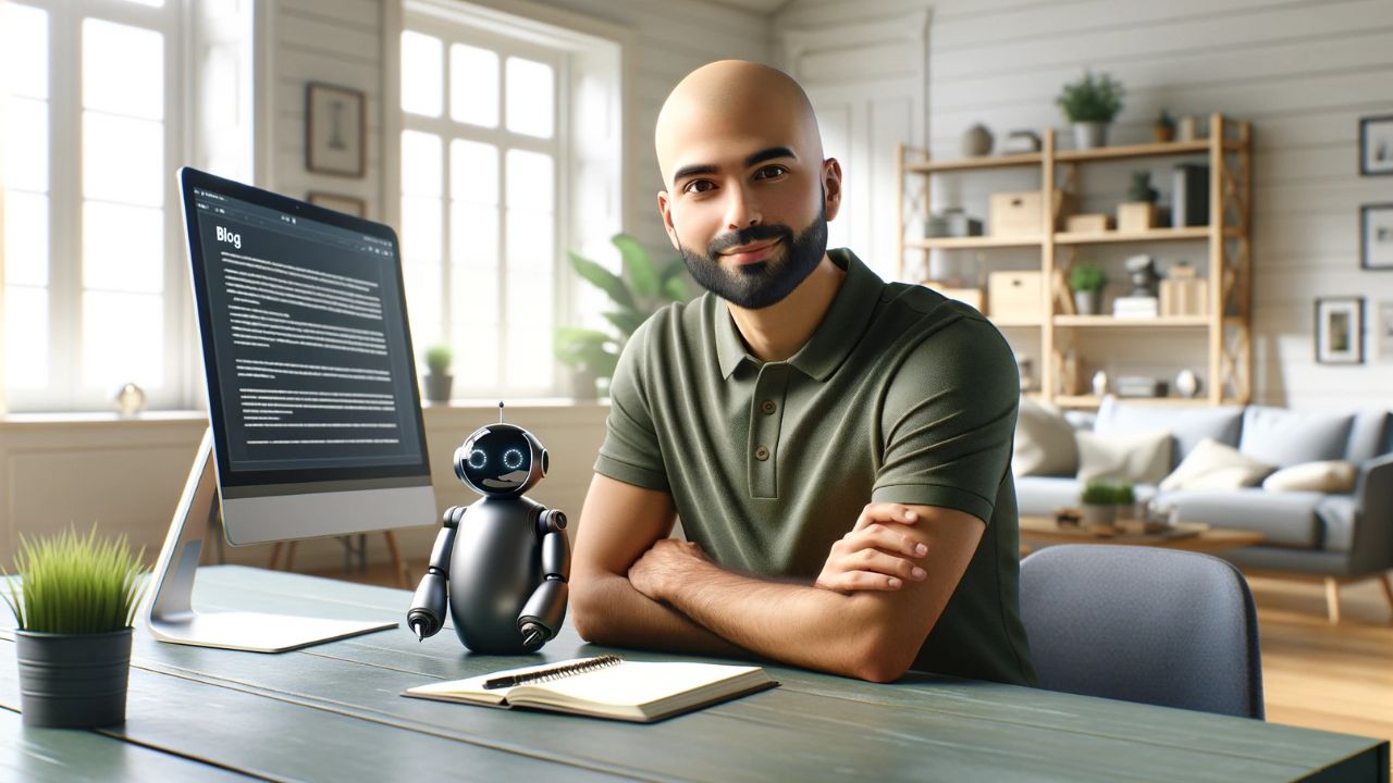 A photorealistic image of a content, bald South Asian man sitting at his desk in a bright home office, looking at a blank computer screen, ready to blog. He is dressed casually in a green polo shirt, comfortable within his creative space. The small robot beside him on the desk has an open notebook screen, symbolizing its role as an assistant without displaying any text. The room is well-lit with natural light from a window, and the desk is tidy, with a few technological gadgets and a potted plant that add to the serene atmosphere.