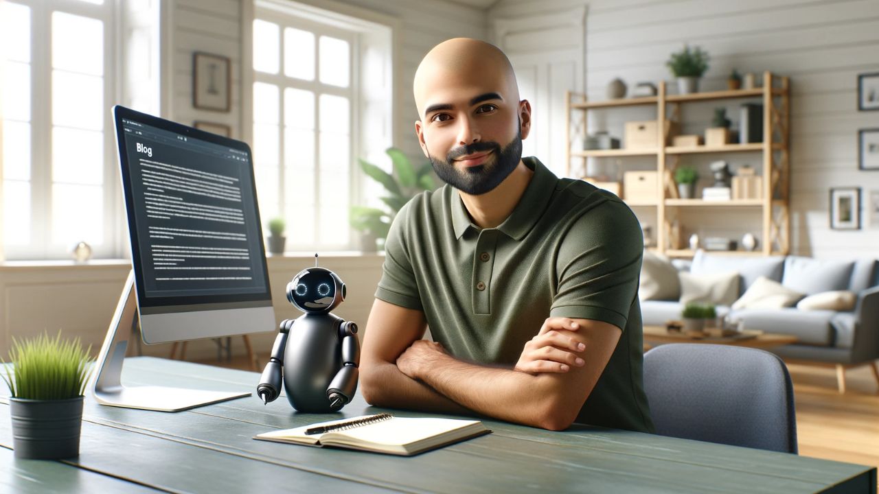 Mastering the Art of Precision: Elevating Your AI Prompts with Powerful Verbs 2 A photorealistic image of a content, bald South Asian man sitting at his desk in a bright home office, looking at a blank computer screen, ready to blog. He is dressed casually in a green polo shirt, comfortable within his creative space. The small robot beside him on the desk has an open notebook screen, symbolizing its role as an assistant without displaying any text. The room is well-lit with natural light from a window, and the desk is tidy, with a few technological gadgets and a potted plant that add to the serene atmosphere.