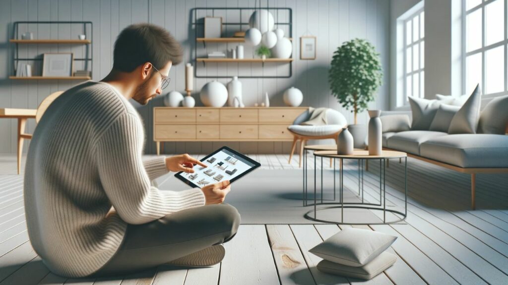 Digital artwork of an individual engrossed in selecting furniture on a tablet, lounging in a room with a decor that hints at Scandinavian minimalism, with light wooden floors, a plant, and unfussy, functional furniture. The focus is on the person's engagement with the tablet and the cozy atmosphere.