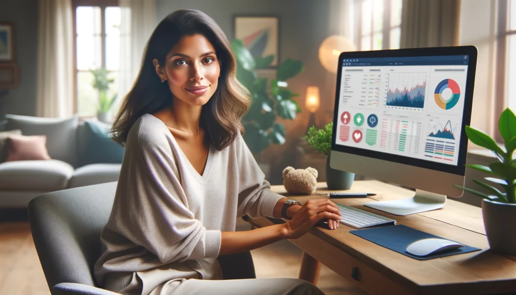 A focused and content female e-commerce store owner of mixed descent in her home office, shown in the process of investing money on her computer, looking directly at the camera. She's dressed in comfortable, smart casual attire, reflecting a savvy and confident mindset. The computer screen displays graphical elements and colorful charts related to investment strategies, without any text. The office setting is cozy and inspiring, with lush plants, comfortable furniture, and a warm, inviting atmosphere. This photorealistic image captures her as a successful entrepreneur adept in financial management and investment, all depicted visually without any textual elements.