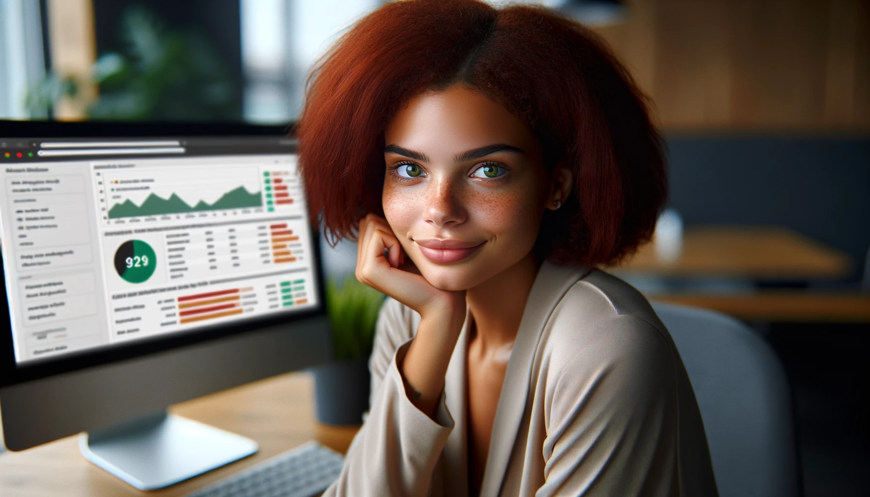 A mixed-race young woman with naturally styled red hair and green eyes is sitting in a modern office space, looking directly at the camera with a content and relaxed expression. She is analyzing a website using SEO tools on her computer, which displays an interface resembling Moz Pro with various SEO metrics and analysis tools. Her demeanor reflects satisfaction and ease in her digital marketing work. The scene is photorealistic, capturing her in a comfortable and professional office environment.