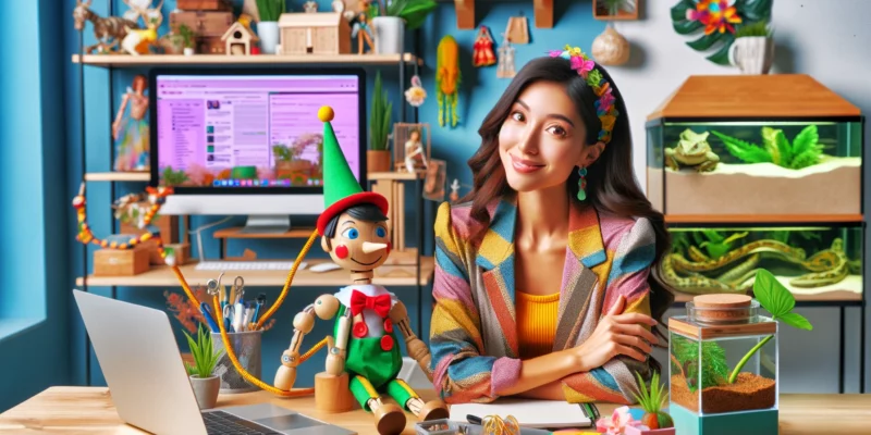 A creative female online seller of mixed descent specializing in exotic pet products is working at her computer in her home office, with a unique robotic assistant resembling Pinocchio. She's dressed in a colorful, modern outfit, displaying a cheerful demeanor. The office is vibrant, reflecting her passion for exotic pets, with items like a chic reptile tank and tropical plant decorations. The color scheme is lively, featuring bright and warm hues. Her desk is neatly organized, with a laptop and various pet product materials. The Pinocchio-like robot is playfully interacting with her, adding a whimsical element to the scene.