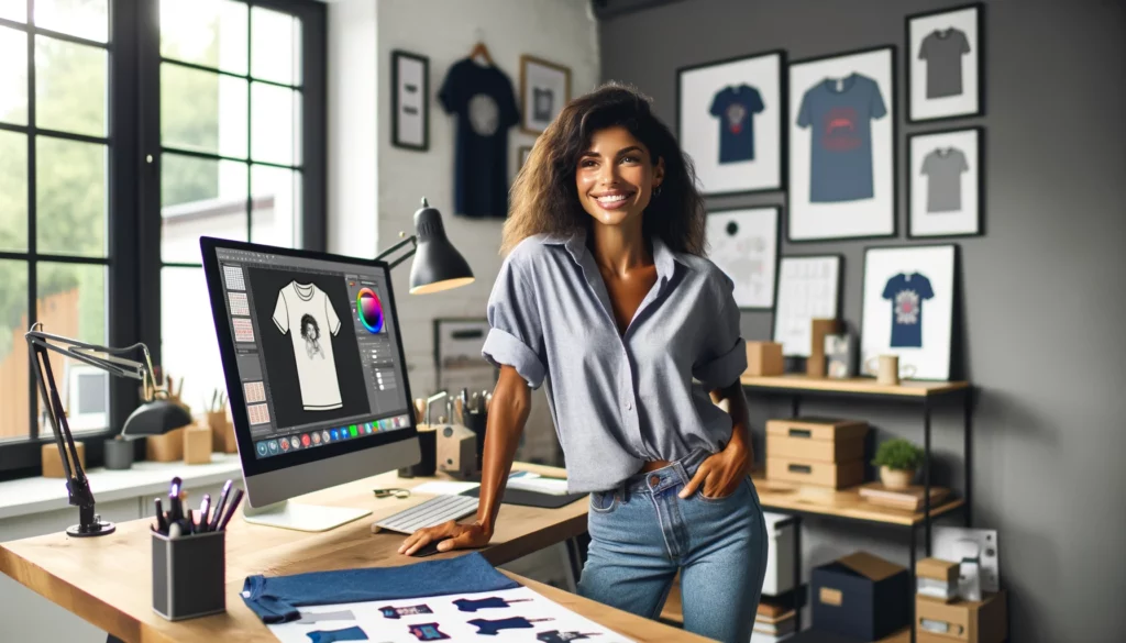 Is TeePublic Legit? Uncover the Truth About the T-Shirt Company 2 A dynamic and entrepreneurial woman of mixed descent in her home office, engaged in running a print-on-demand t-shirt business. She's casually dressed with an untucked shirt, standing in front of her computer, smiling as she designs t-shirts digitally. The office is modern and well-organized, with a large monitor displaying t-shirt design software. Around her are framed examples of her print-on-demand t-shirt designs, showcasing a range of styles and colors. The atmosphere is professional yet relaxed, highlighting her passion for digital design and e-commerce.
