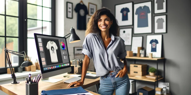A dynamic and entrepreneurial woman of mixed descent in her home office, engaged in running a print-on-demand t-shirt business. She's casually dressed with an untucked shirt, standing in front of her computer, smiling as she designs t-shirts digitally. The office is modern and well-organized, with a large monitor displaying t-shirt design software. Around her are framed examples of her print-on-demand t-shirt designs, showcasing a range of styles and colors. The atmosphere is professional yet relaxed, highlighting her passion for digital design and e-commerce.