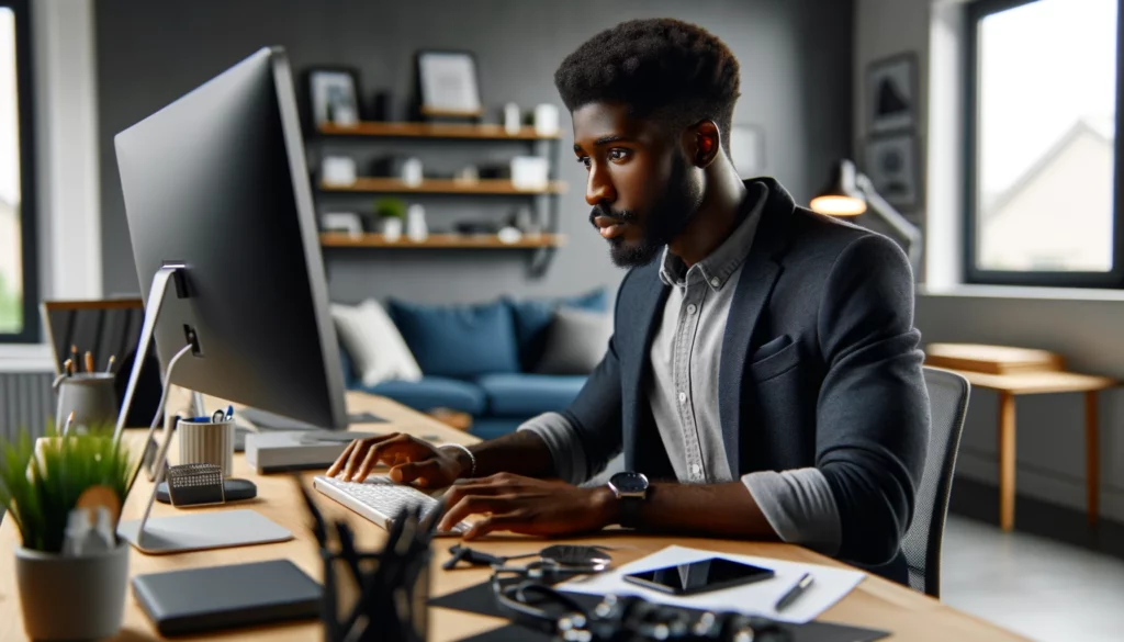 A focused male entrepreneur of Black descent is working on his website in a modern home office. He is casually dressed in a smart manner, indicative of a tech-savvy professional. The home office is well-equipped with the latest technology, including a high-end computer, multiple monitors, and various tech gadgets. He is intently focused on a computer screen, where the website for his refurbished electronics business is displayed. The room is bright and organized, reflecting a blend of professionalism and personal style, typical of a successful online business entrepreneur.
