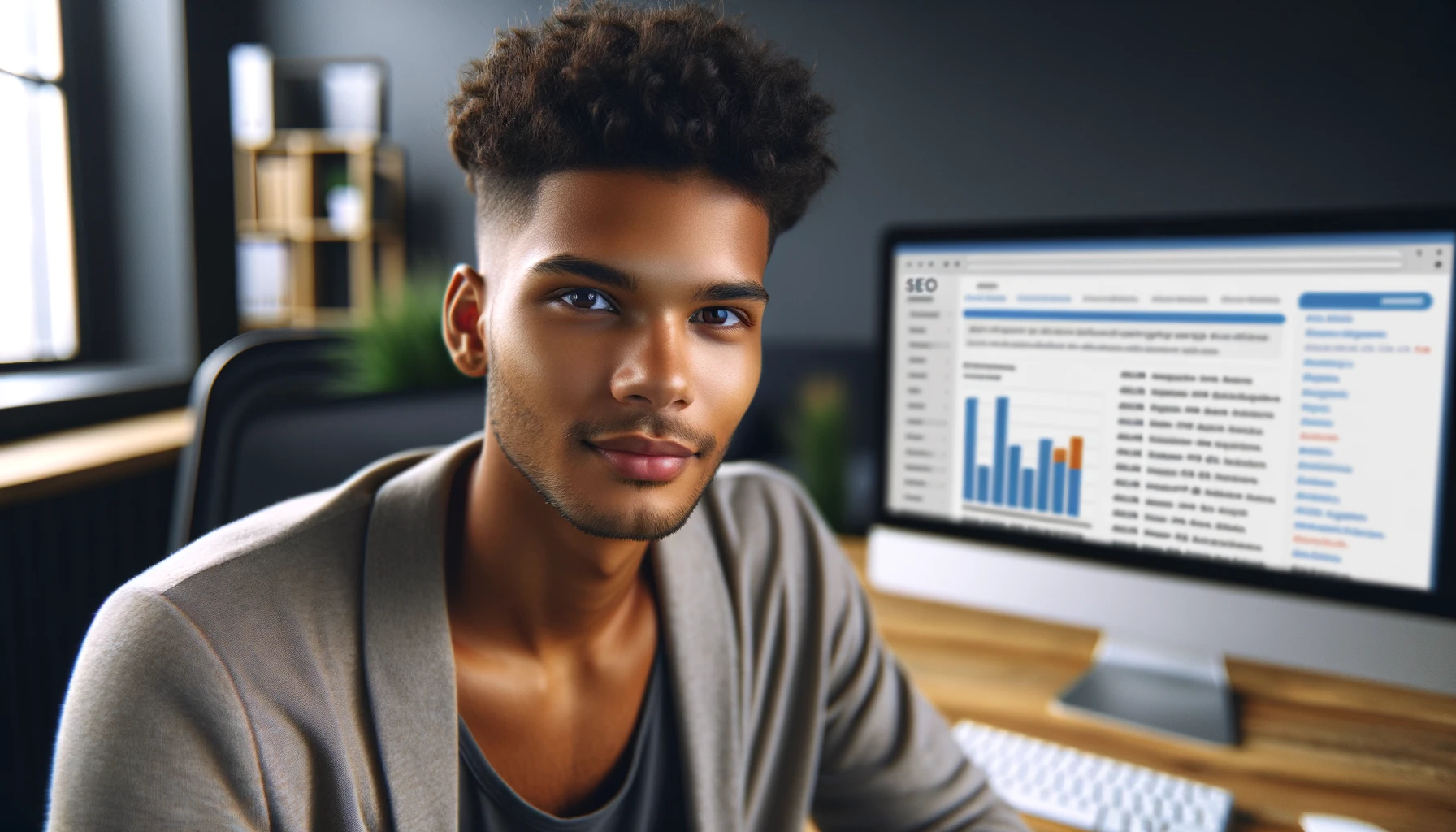 A mixed-race young man with short, naturally styled hair and an engaging expression is sitting in a modern office space, looking directly at the camera. He is analyzing a website using SEO tools on his computer, which displays a screen filled with keyword rankings and other SEO metrics. His demeanor reflects professionalism and focus in his digital marketing work. The scene is photorealistic, capturing him in a comfortable and professional office environment.