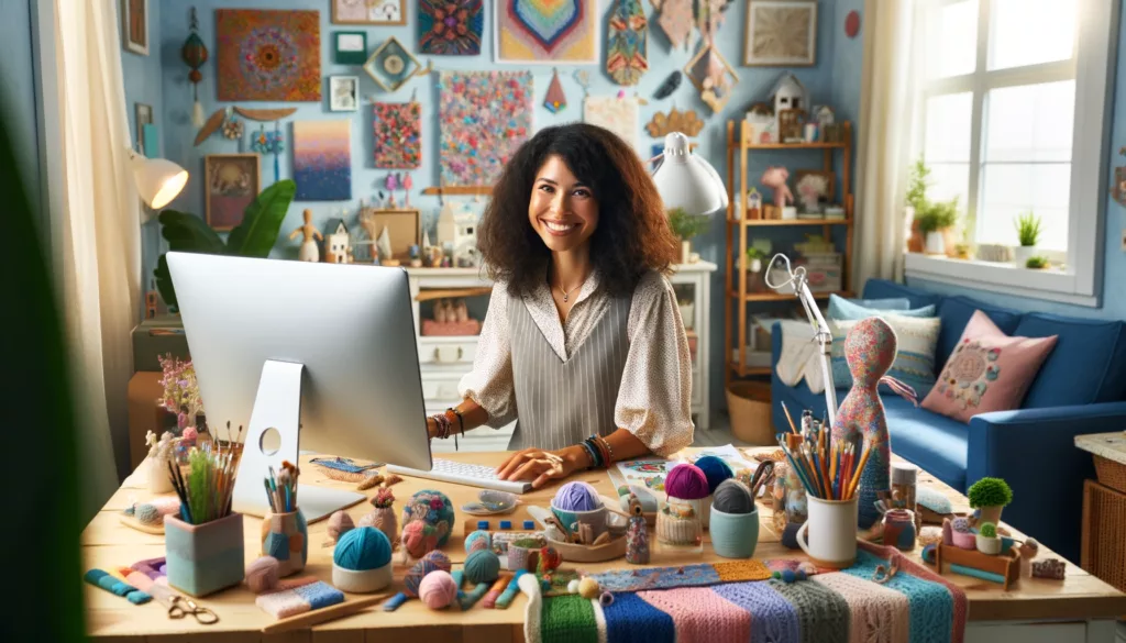 A cheerful female entrepreneur of mixed descent is working at her computer in her home office, which is festooned with a variety of colorful crafts. The office is beautifully decorated with handmade items such as painted vases, fabric quilts, hand-knitted blankets, and decorative paper crafts, creating a lively and inspiring workspace. She's dressed in a trendy yet comfortable outfit, exuding an aura of happiness and creativity. The room is brightened by soft, ambient light, highlighting the rainbow of colors and textures in her crafts. Her desk is decorated with an assortment of Etsy store items, like whimsical sculptures, vibrant textile art, and unique home decorations, illustrating the diversity and artistry of her online business.