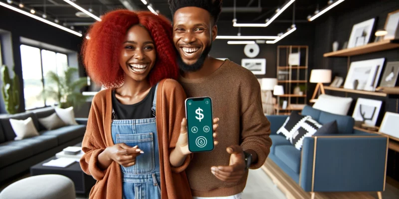 A joyful African woman with red hair is shopping for furniture with her husband, both engaged in a delightful shopping experience. She is holding a smartphone that showcases money icons, indicative of a cash app, highlighting a modern and tech-savvy approach to their purchasing. They are casually dressed, which conveys a relaxed atmosphere, and are surrounded by a selection of contemporary furniture, illustrating their taste in home decor. The store is well-lit, underscoring a vibrant and upbeat shopping environment.