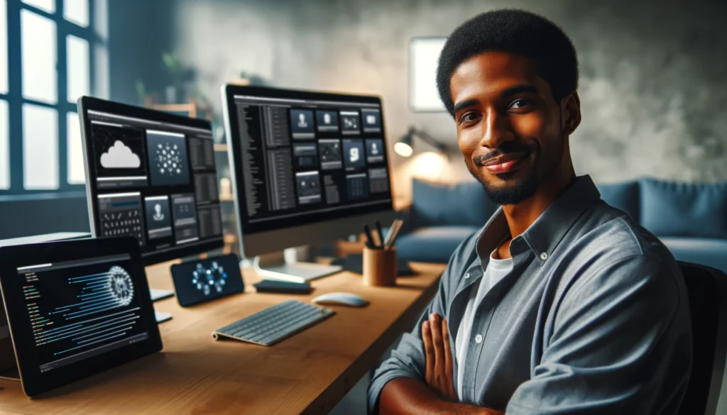 A focused male entrepreneur of Black descent is working on his website in a modern home office. He is casually dressed in a smart manner, indicative of a tech-savvy professional. The home office is well-equipped with the latest technology, including a high-end computer, multiple monitors, and various tech gadgets. He is intently focused on a computer screen, where the website for his refurbished electronics business is displayed. The room is bright and organized, reflecting a blend of professionalism and personal style, typical of a successful online business entrepreneur.