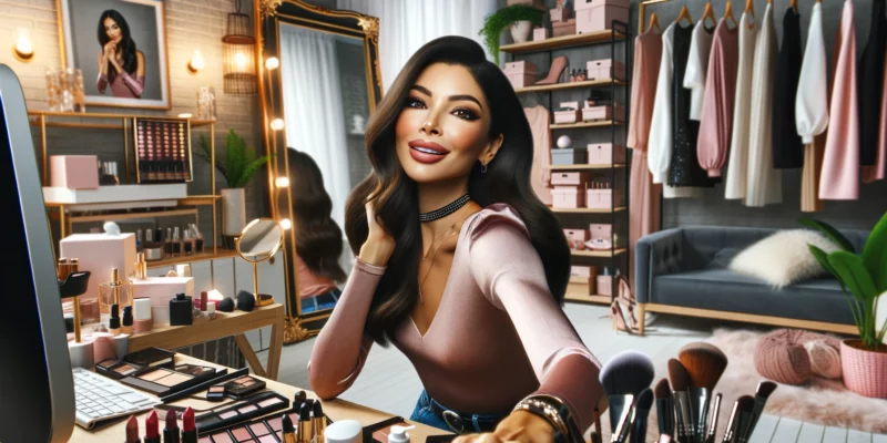 A stylish female e-commerce store owner of mixed descent is in her home office, which is themed around makeup and fashion. She is taking a selfie, with a lively and confident expression. The room is filled with makeup products, fashionable clothing, and accessories, reflecting her passion for beauty and style. There's a well-organized vanity with a large mirror, a display of trendy shoes, and racks of chic clothing. The office has a modern and elegant vibe, with a mix of bright and soft lighting, creating an inviting and fashionable atmosphere. The image should be photorealistic, emphasizing the glamour and sophistication of a fashion-forward workspace.