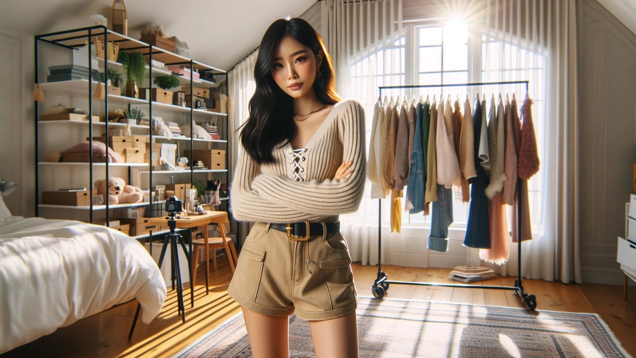 young female TikTok influencer with Asian descent, wearing a trendy and stylish outfit, stands in her chic and well-lit bedroom. She is posing in a way that showcases her clothing, which is modern and fashion-forward. In the background, there's a meticulously organized clothing rack filled with an array of colorful garments.