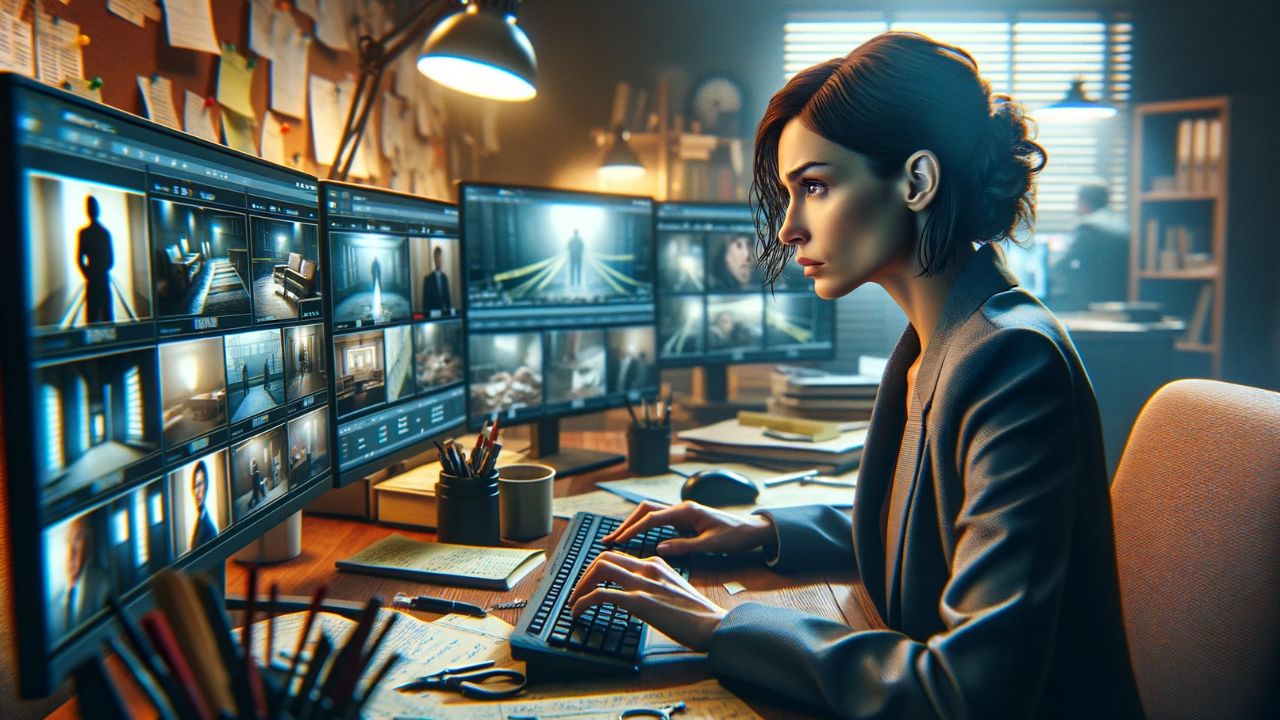 photorealistic image of a woman analyzing a true crime case in her YouTube studio. She is intently gazing at multiple computer screens which display crime scene photos and evidence boards. The studio is filled with notes and case files, creating an atmosphere of urgency and dedication. The image should emulate the high resolution and sharp focus of a photo taken with a Canon EOS R5 camera and Canon RF 50mm F1.2L USM lens, showcasing a clear portrait of the woman with a blurred background, emphasizing her concentration and the details of her studio.