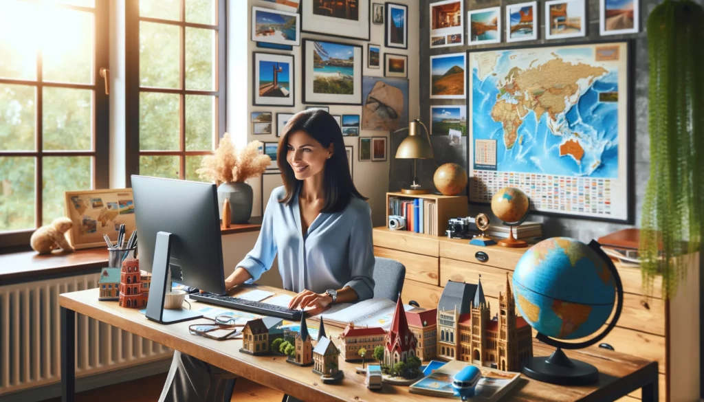 A dynamic and professional female travel agent of mixed descent is working in her home office. She is sitting at her desk, surrounded by travel-themed decorations, including a world map, travel books, and miniature landmarks. The room is bright and inspiring, with posters of famous destinations and a globe on her desk. She's actively engaging with her computer, planning trips and assisting clients. The office has a large window with a view of a lush garden, suggesting a connection to the outdoors and the wider world. The atmosphere is organized and vibrant, reflecting her passion for travel and exploration.