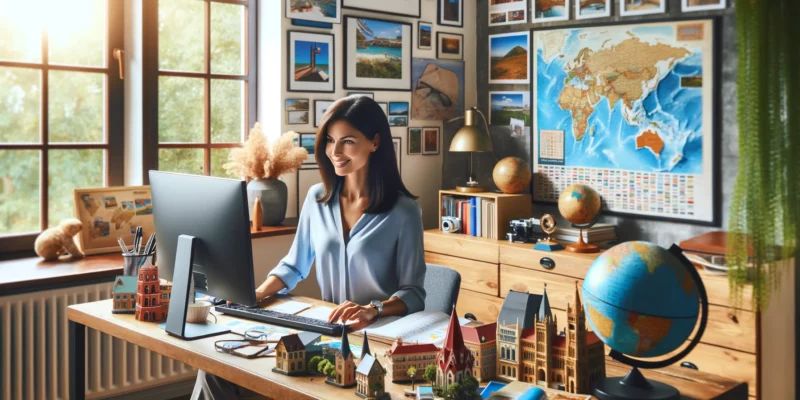 A dynamic and professional female travel agent of mixed descent is working in her home office. She is sitting at her desk, surrounded by travel-themed decorations, including a world map, travel books, and miniature landmarks. The room is bright and inspiring, with posters of famous destinations and a globe on her desk. She's actively engaging with her computer, planning trips and assisting clients. The office has a large window with a view of a lush garden, suggesting a connection to the outdoors and the wider world. The atmosphere is organized and vibrant, reflecting her passion for travel and exploration.