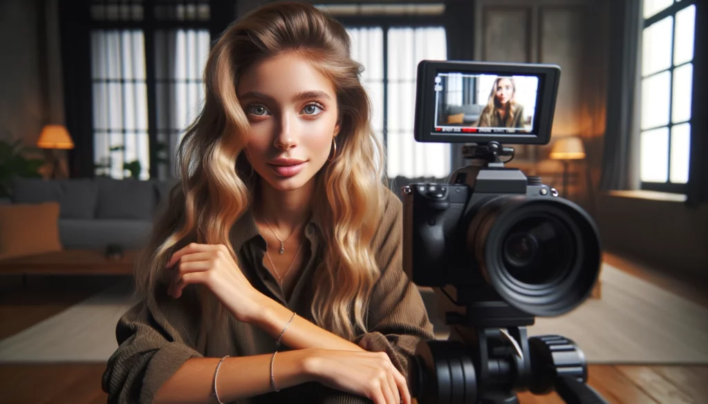 A young Caucasian woman with blonde hair and hazel eyes is positioned in front of a video camera, actively engaged in making a YouTube video. Her gaze is directed towards the camera lens, indicative of a seasoned content creator connecting with her audience. The setting is a well-lit room that resonates with a comfortable and creative vibe, filled with natural sunlight to enhance the visual appeal of the video. She is reading from a discreet teleprompter that ensures a natural delivery. Her attire is casual yet stylish, perfect for her on-screen persona. The composition is set to emphasize her role as a dedicated YouTuber, with the camera and her engaging presence taking center stage, while the rest of the room complements the scene without the presence of the robot.