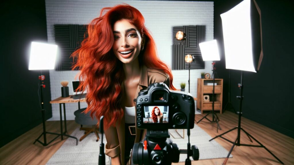 An exuberant young woman of Middle Eastern descent with striking red hair stands confidently in a professional YouTube studio, facing the camera directly. She's in the midst of creating content, with a high-quality video camera set up in front of her, capturing her charisma and enthusiasm. The studio is equipped with soundproofing panels, softbox lights for even illumination, and a backdrop that hints at a personal yet professional brand. Her attire is stylish yet approachable, perfect for her audience. The scene is a blend of vibrant energy and meticulous preparation, reflecting the dynamic world of YouTube content creation.