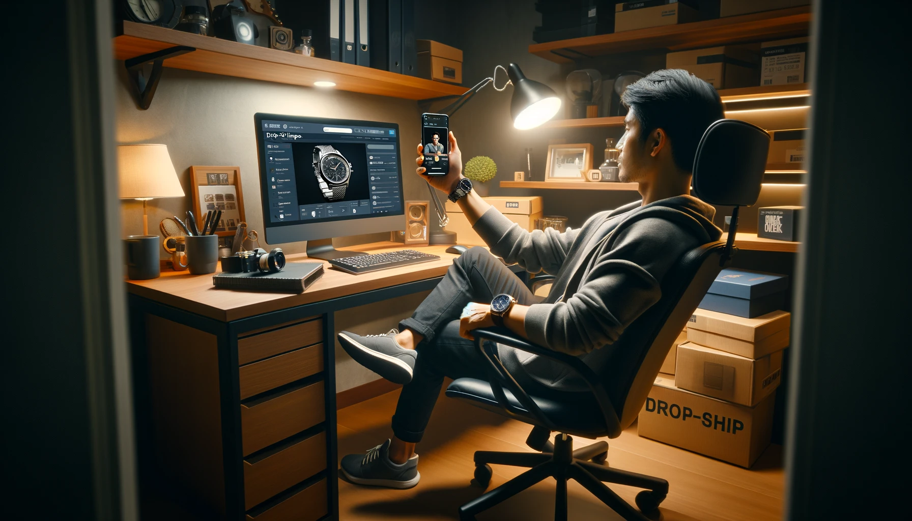 A home office scene featuring an Asian man sitting at his computer, working on his drop-ship store. Simultaneously, he's taking a selfie with his smartphone, holding a watch in his hand to showcase it. The computer screen displays the interface of his online store, possibly with watch listings. The office is modern and well-organized, with a sleek desk and comfortable chair. The lighting is ambient and warm, creating a professional yet cozy atmosphere. The scene captures a blend of business and personal branding, rendered in a photorealistic style, resembling a photo taken with a Sony Alpha A7R III camera and a Sony FE 24-70mm f/2.8 GM lens, aspect ratio 16:9.