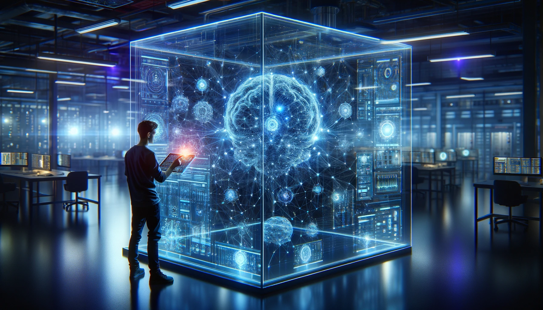 A vivid portrayal of an advanced AI neural network as a glowing labyrinth of connections and nodes, enveloping a large, transparent digital screen. A focused engineer, in modern attire, is actively engaged with the network, fine-tuning the settings on a holographic interface. The scene is set in a cutting-edge laboratory, illuminated with ambient blue and purple lights, evoking a sense of innovation and urgency. The style is photorealistic. Camera: Canon EOS R5. Lens: Canon RF 24-105mm F4 L IS USM.