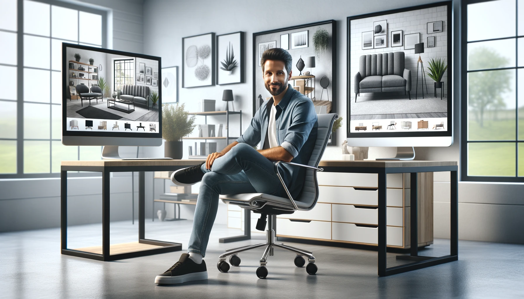 A man sitting at a modern, sleek home office, surrounded by virtual screens displaying various stylish furniture items. He looks content and focused, managing his online furniture store. The environment is a bright, spacious room with minimalist decor. The style is photorealistic, capturing the essence of a digital entrepreneur. The image emulates a photo taken with a Canon EOS 5D Mark IV camera using a Canon EF 24-70mm f/2.8L II USM lens. The settings mimic f/2.8 aperture, and the aspect ratio is 16:9.