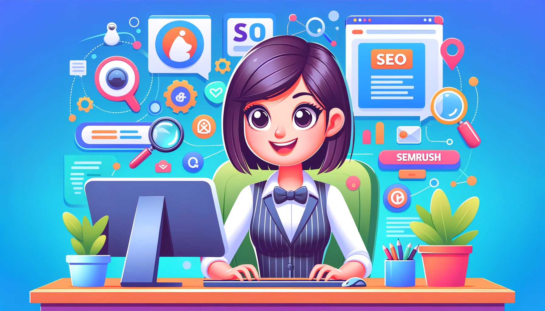 The image for your article's featured blog photo has been created, depicting a female digital marketing expert at her computer, surrounded by elements of SEO, affiliate marketing, and digital tools like SEMrush. This animated character design is colorful and captures the spirit of successful online marketing.