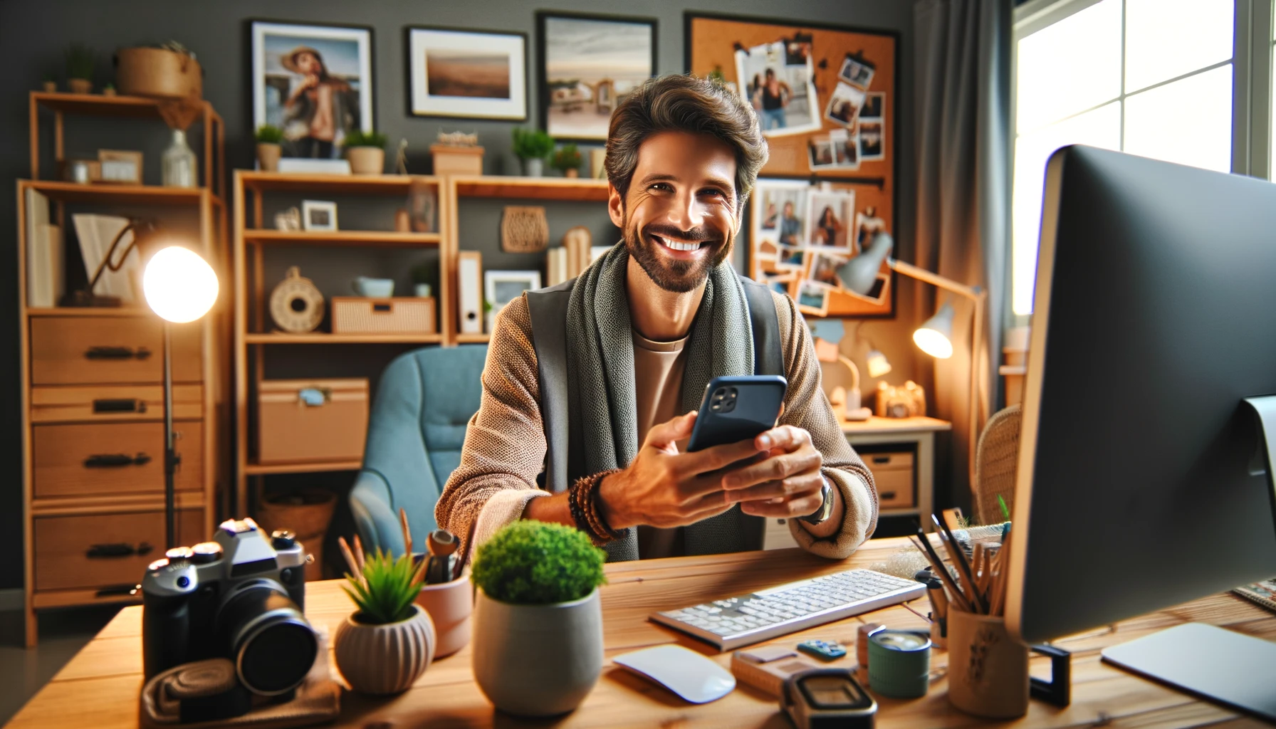 A content individual in a cozy, cute, modern, and fun home office, managing social media on a smart phone. The office features stylish decor, a comfortable chair, a sleek desk with a modern computer setup, and vibrant plants. The individual is smiling, radiating a sense of satisfaction and creativity. The scene is captured in a photorealistic style, emulating a photo taken with a Canon EOS R5 camera using a Canon RF 24-70mm F2.8 L IS USM lens. The image settings mimic f/2.8 aperture, 1/125 sec exposure, and ISO 200. Aspect ratio: 16:9.