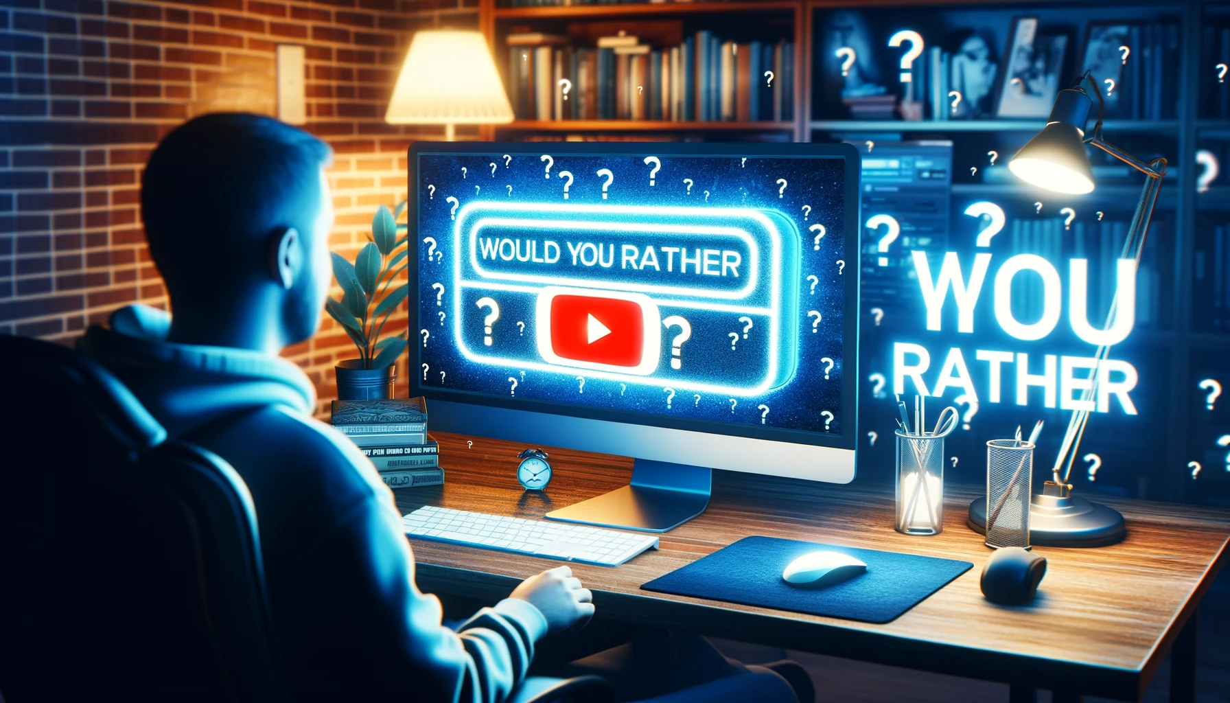A person sitting at a computer, looking towards the camera, with a 'Would You Rather' quiz displayed on the screen. The image includes the YouTube play button symbol, emphasizing the creation of engaging 'Would You Rather' content for YouTube. The setting is modern, highlighting the concept of earning money through online content creation."