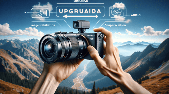 The image showcases a content creator using the Sony ZV-1 II Vlog Camera to capture a stunning travel vlog against the backdrop of majestic mountains and a clear blue sky. This visual representation highlights the camera's improved features, such as enhanced image stabilization and superior audio capabilities, making it an ideal choice for creators looking to bring their visions to life in a variety of settings.