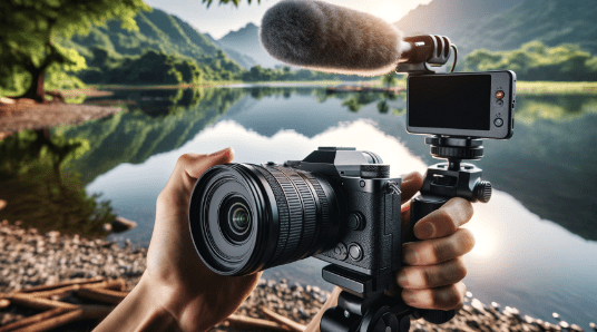 he image captures a content creator utilizing a budget-friendly 4K Digital Camera to record the serene beauty of an outdoor landscape. Equipped with a microphone and tripod grip, the camera's aim at a scenic view, such as a lush forest or tranquil lake, showcases its capability to deliver stunning visuals with its 48MP resolution and 4K video recording features. This scene highlights the camera's exceptional value, offering high-quality functionalities that are accessible to beginners and budget-conscious creators alike.